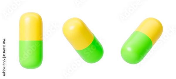 Fototapeta Yellow-green medical pill from different sides on a white background. Isolated. 3d rendering