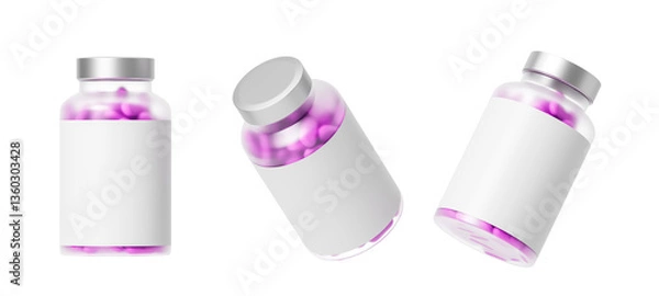 Fototapeta Transparent jar with medical pills from different sides on a white background. Isolated. 3d rendering