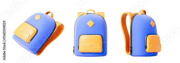 Fototapeta Blue school backpack from different sides. Isolation. On a white background. 3d rendering.