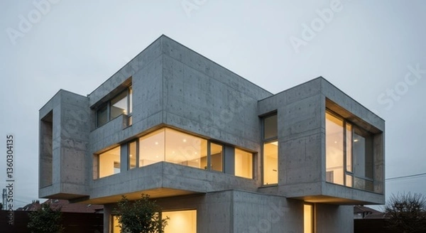 Obraz A contemporary rectangular house with a concrete and glass exterior showcasing sharp geometric lines