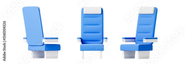 Fototapeta Blue airplane seat from different sides. Isolation. On a white background. 3d rendering.