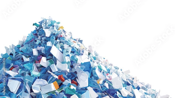 Fototapeta Close-up shot of a large pile of shredded paper against a white background. The shredded paper is primarily blue with small amounts of other colors visible. The pile is irregularly shaped,