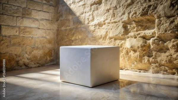 Fototapeta A pristine white cube rests serenely against a sunlit stone wall