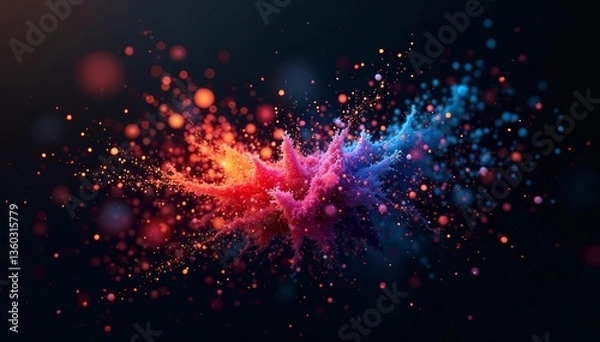 Fototapeta Colorful particles exploding on black backdrop, futuristic, dynamic