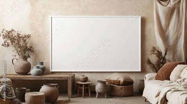 Fototapeta Minimalist boho-style living room with a blank white canvas on the wall