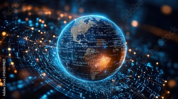 Obraz A blue digital Earth surrounded by rays of light and data points, representing the global connectivity and digital transformation of our world.