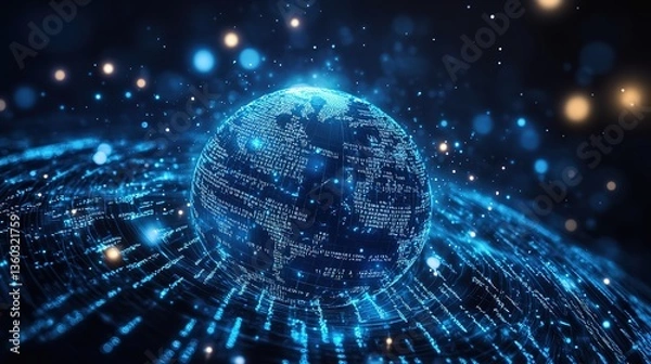 Obraz A blue digital Earth encircled by data orbits, representing the digital universe and the global circulation of information in the modern era.