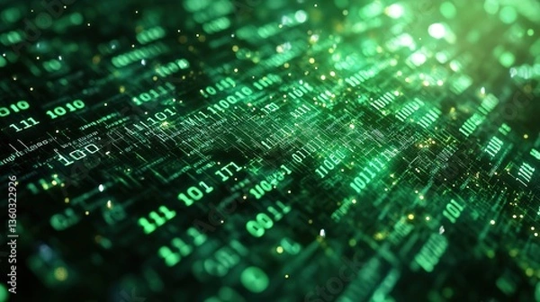 Fototapeta A scene composed of green binary codes, representing the underlying language and digital flow of modern technology systems.