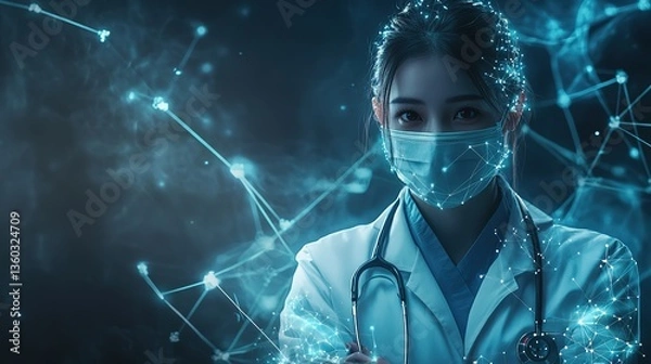 Obraz A female doctor in a white coat surrounded by blue network - like light points, representing the integration of technology in modern medicine.
