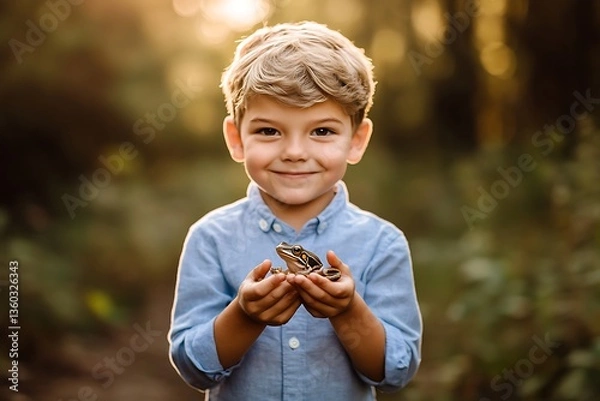 Fototapeta Smiling Child Gently Holding an Amphibian in a Sunlit Forest