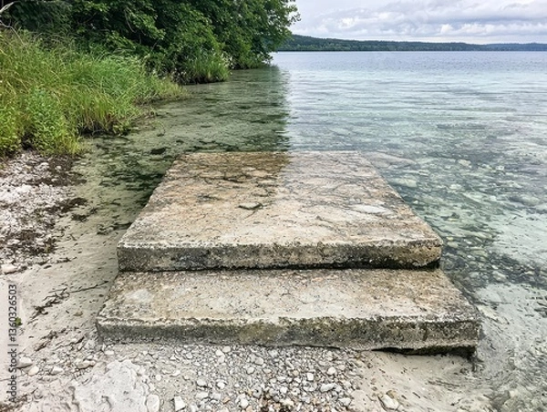 Fototapeta Weathered Concrete Steps Leading into a Calm Lake