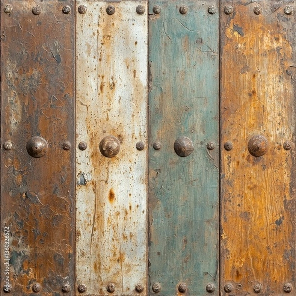 Fototapeta Weathered Multi Panel Surface with Metal Studs