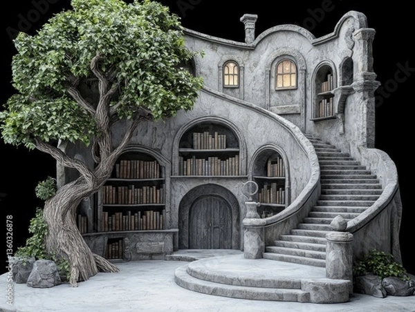 Fototapeta Whimsical Stone Library with Winding Staircase and Tree