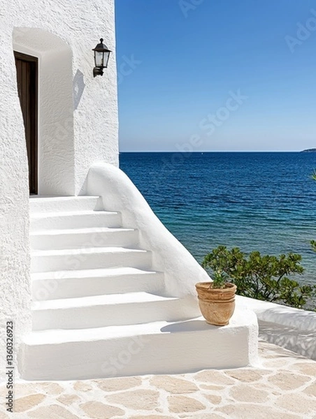 Fototapeta Whitewashed Steps Leading to a Calm Sea View