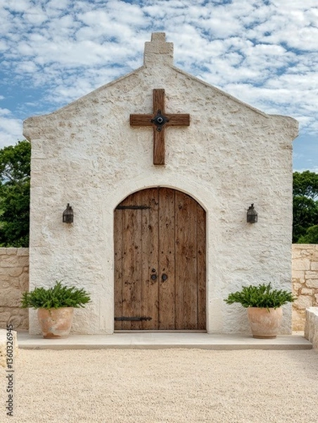 Fototapeta Whitewashed Stone Chapel with Wooden Cross and Door