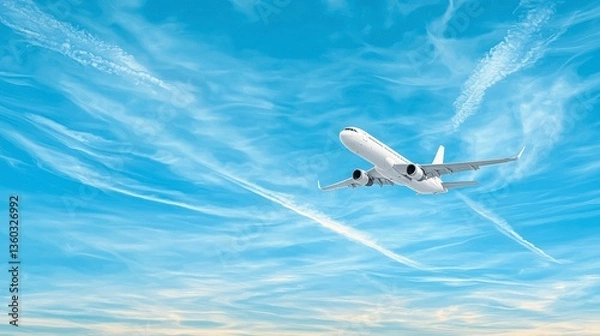 Fototapeta White Airplane Soaring in a Blue Sky with Wispy Clouds