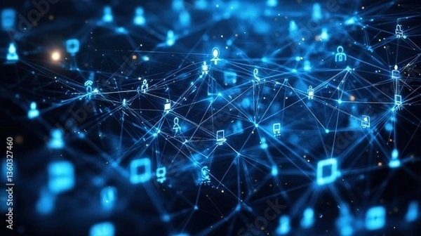 Obraz A digital network composed of blue - toned icons of people and devices connected by lines, representing modern connectivity and communication in the digital world.