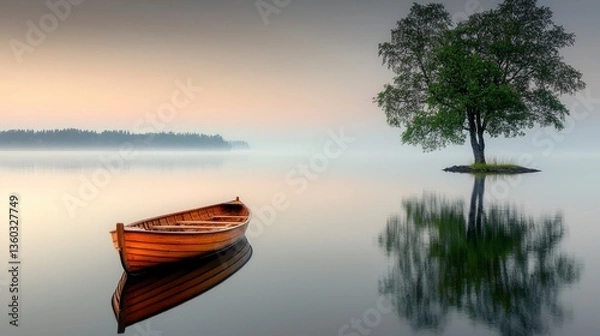 Fototapeta Wooden Rowboat on a Calm Lake at Dawn with a Solitary Tree