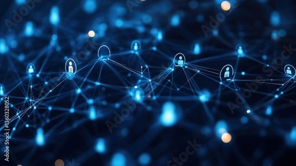 Obraz Blue - colored icons of people connected by lines forming a network, embodying the concept of human connection and interaction in the digital realm.