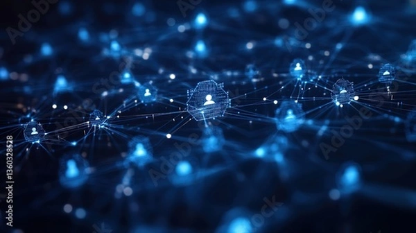 Obraz Glowing blue icons of people linked by network lines, suggesting the interconnectedness and digital relationships in the modern society.