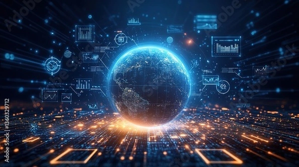 Obraz A blue Earth surrounded by various data charts and rays of light, representing the integration of global information and digital technology.
