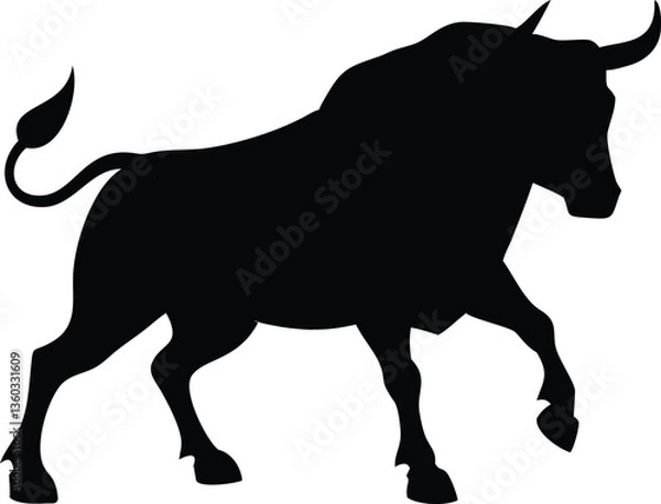 Obraz Adobe Illustrator ArtwoBlack and white bull silhouette, ideal for logos, branding, and wildlife-themed digital art.