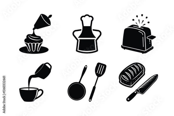 Fototapeta Food and Kitchen Icon Set with Utensils, Drinks, and Cooking Tools