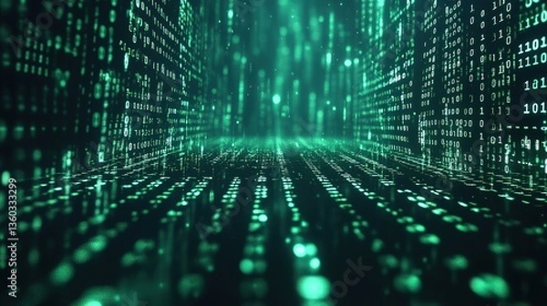 Obraz A passage composed of green binary codes, representing the digital information flow and the language of computers.