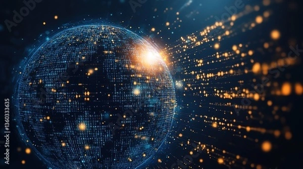 Obraz A blue Earth covered with binary codes on its surface, emitting rays of light, indicating the digital transformation of the global sphere.