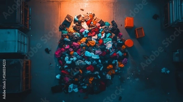 Fototapeta A large, disordered heap of used clothing covers the floor of a neglected warehouse, surrounded by crates in a dimly lit atmosphere, evoking a sense of abandonment