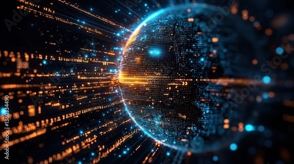 Obraz A blue Earth surrounded by rays of light and binary codes, symbolizing the global connection and digital information dissemination in the modern era.