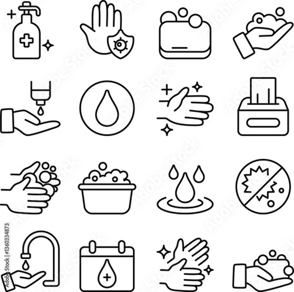 Obraz Hand Wash icon set. Includes of hygiene, sanitizer, soap, cleansing, and More. Outline icons vector collection