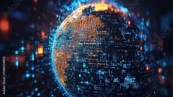Obraz A blue Earth filled with binary codes, exuding a strong sense of technology and the digital age.