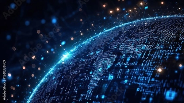 Obraz A blue Earth composed of binary codes on its surface with dot - shaped light and shadow around, indicating the digital connectivity of the planet.