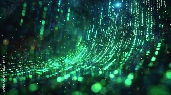 Obraz A scene of green binary codes flowing like a waterfall, representing the continuous flow of digital information.