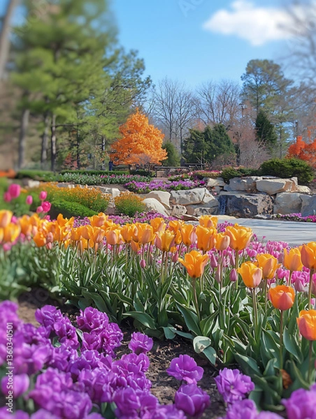 Fototapeta A vibrant garden scene with rows of colorful tulips a striking orange tree and a backdrop of trees and blue sky.