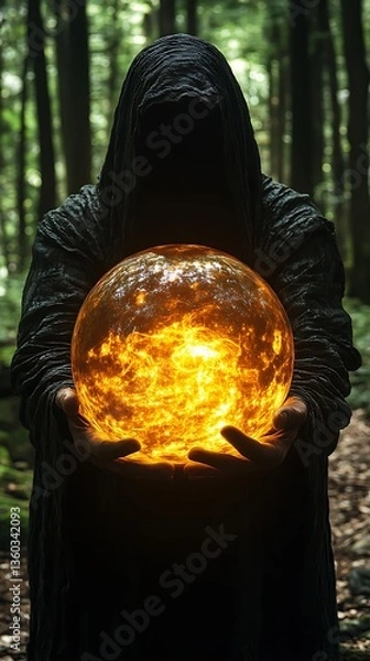 Obraz Mystic holds fiery orb in forest.