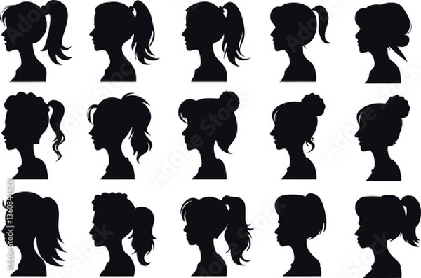 Obraz Profile Grid of Diverse Head Silhouettes Featuring Various Hairstyles on White Background