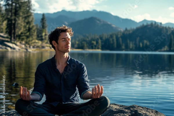 Fototapeta A Caucasian man practicing mindfulness by a peaceful lake, sitting on a rock with his eyes closed and hands in a meditative pose.