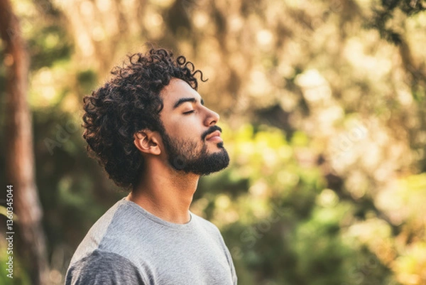 Fototapeta A young Hispanic man practicing mindfulness while walking in nature, appreciating the present moment.