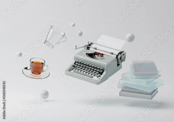 Fototapeta Floating Typewriter with Teacup and Books on White Background