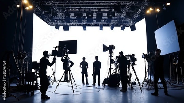 Obraz A professional film studio production set with a full crew working behind the scenes, featuring large lighting equipment, motion picture cameras, and silhouetted figures creating cinematic scenes