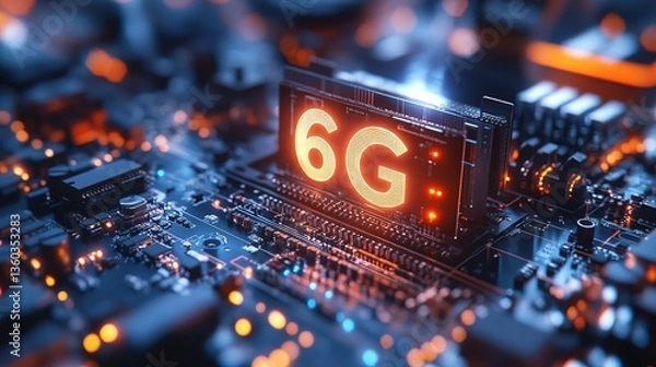 Obraz A chip with the "6G" logo on a circuit board, representing the advanced communication technology of the future.