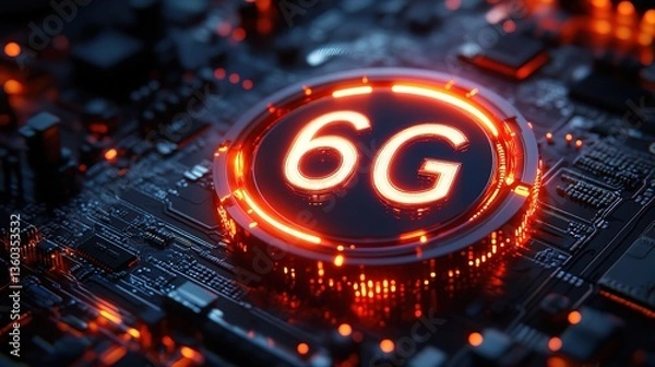 Obraz A circular glowing "6G" logo on a circuit board, signifying the upcoming 6G communication era and technological innovation.