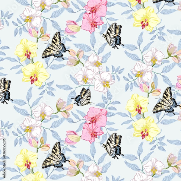 Fototapeta Butterflies on colorful orchids.Vector seamless pattern with colorful orchids and butterflies on a colored background.