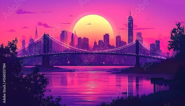 Fototapeta Vibrant sunset over a city skyline with a bridge, reflecting colors on the water, creating a serene atmosphere