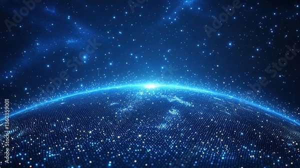 Obraz A digitalized Earth under a blue starry sky, covered with flashing light dots, presenting a vision of the digital universe.