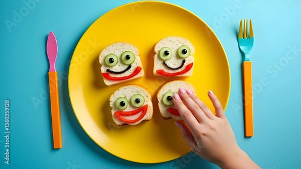 Obraz Funny Food Art - Smiling Sandwich Faces on Plate