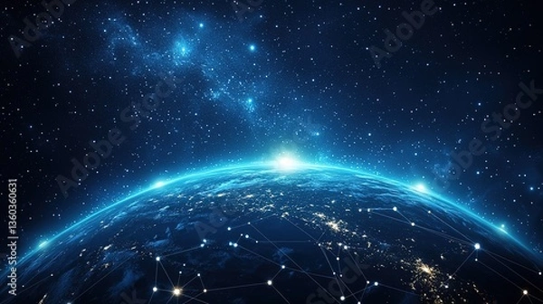 Obraz The Earth with network connections and light dots against a starry sky background, representing global digital interconnections.