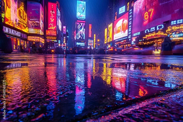Obraz Vibrant urban night scene in Times Square with colorful reflections on wet pavement
